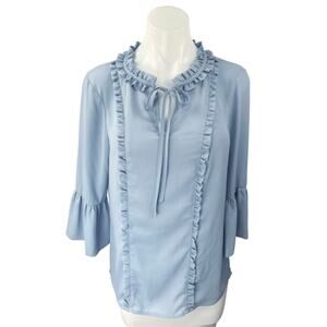Tasso Elba 100% Linen Women's Blue Bell Sleeve Ruffle Tie Neck Blouse Top Size M